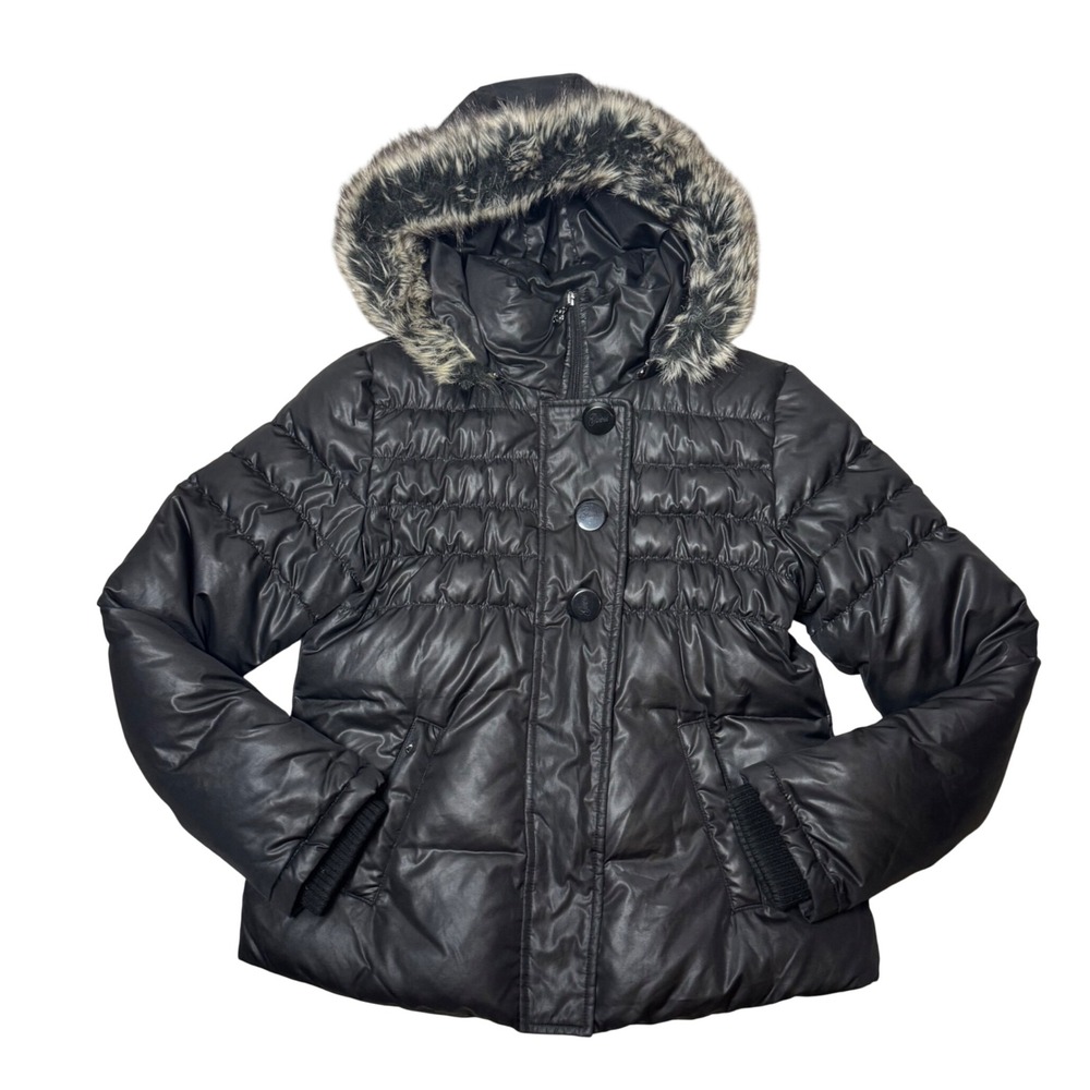 Vintage Y2K Guess Puffer Jacket Faux Fur Trim Down Filled Black Size M